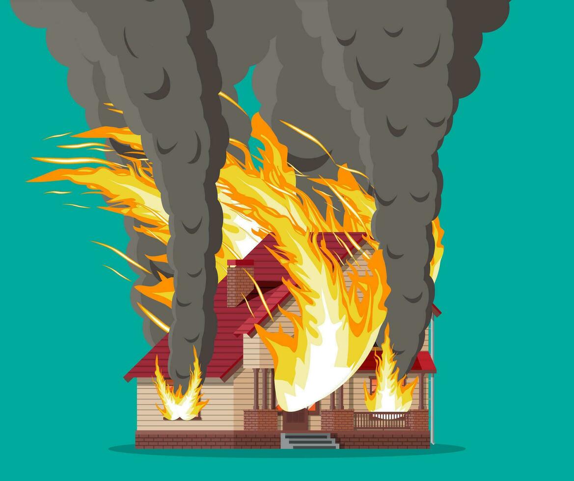 Wooden house burns. Fire in cottage. Orange flames in windows, black smoke with sparks. Property insurance. Natural disaster concept. Vector illustration in flat style