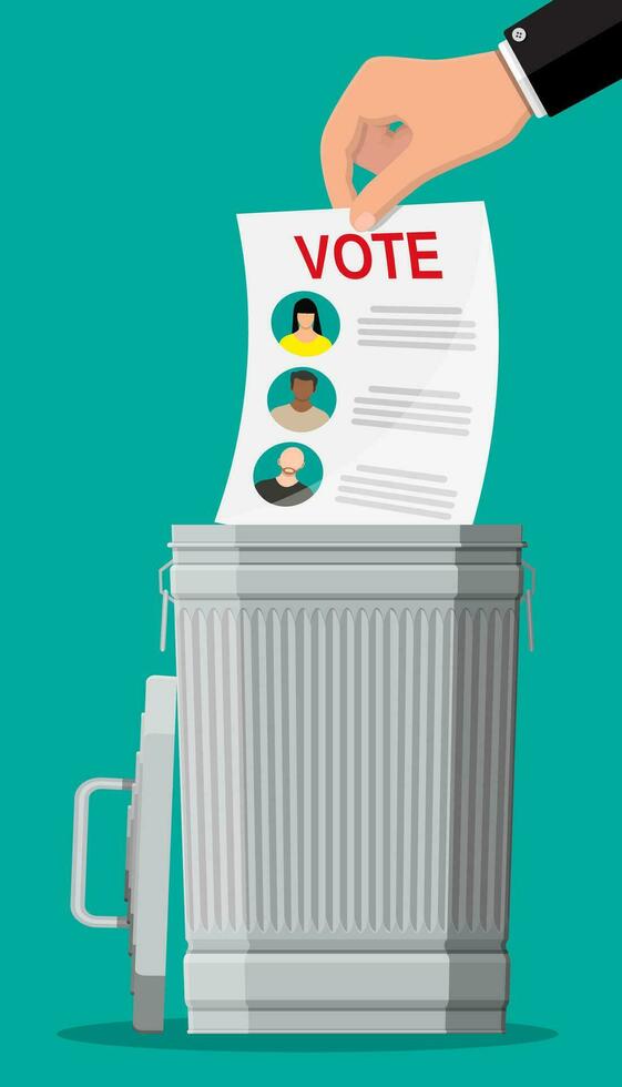Ballot paper with candidates. Hand puts election bill in trash. Destruction of electoral documents. Candidate against all. Vector illustration in flat style