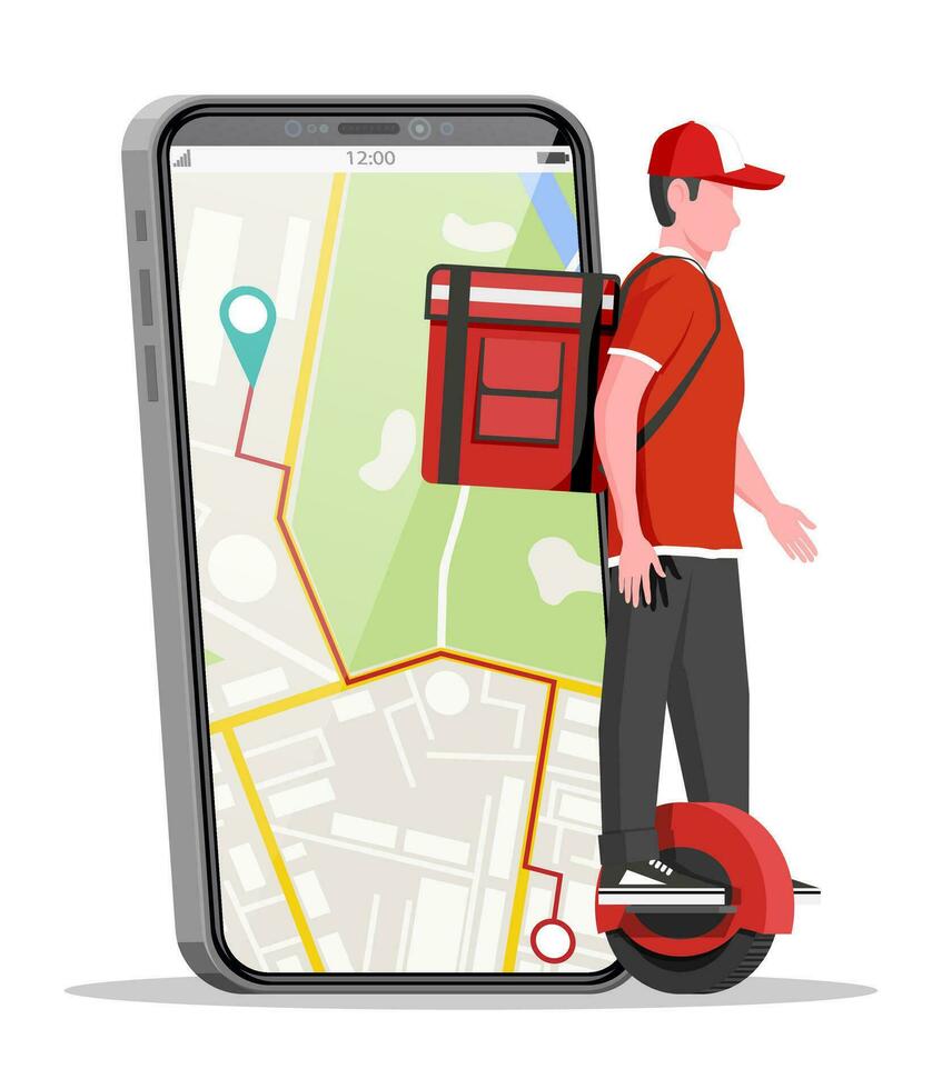 Smartphone with app and man riding monowheel with the box. Concept of fast delivery in the city. Male courier with parcel box on his back with goods and products. Cartoon flat vector illustration