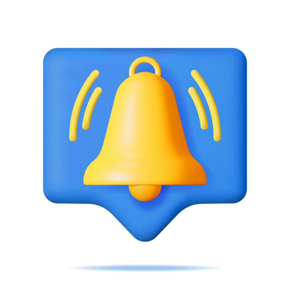 3D Notification Bubble with Bell Icon. Golden Render Ringing Bell. Gold School Bell and Chat Cloud Mockup. Alert and Alarm Symbol. Social Media Network Notification Reminder. Vector Illustration