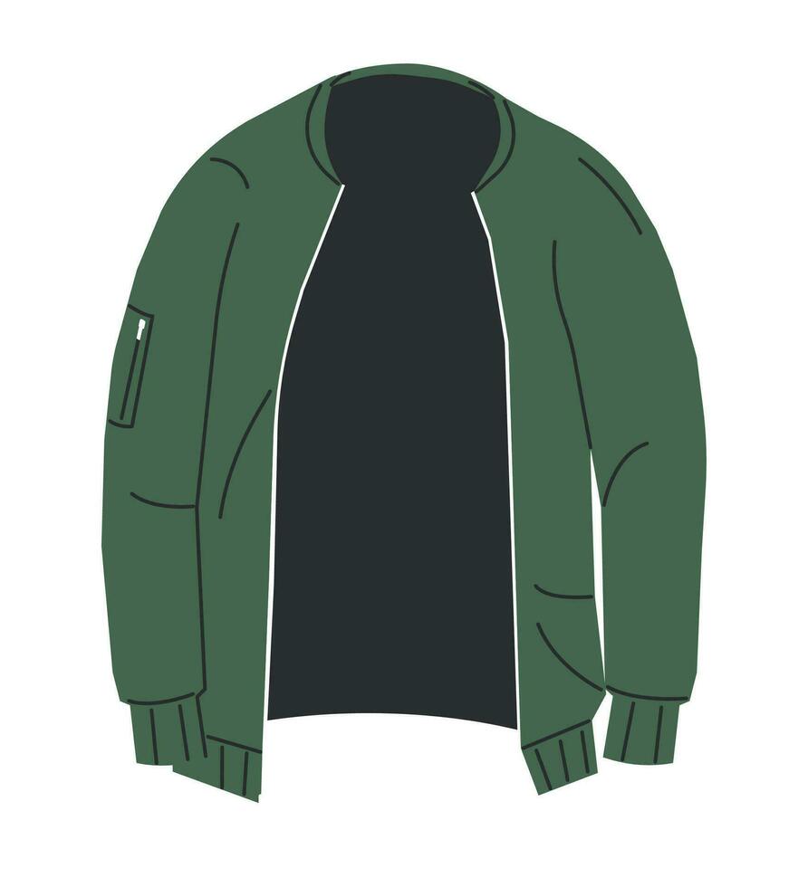 Moda bombardeo unisexo chaqueta aislado. parte superior mans ropa de calle. verde corto chaqueta con cremallera y bolsillo. casual de moda mujer ropa. dibujos animados plano vector ilustración