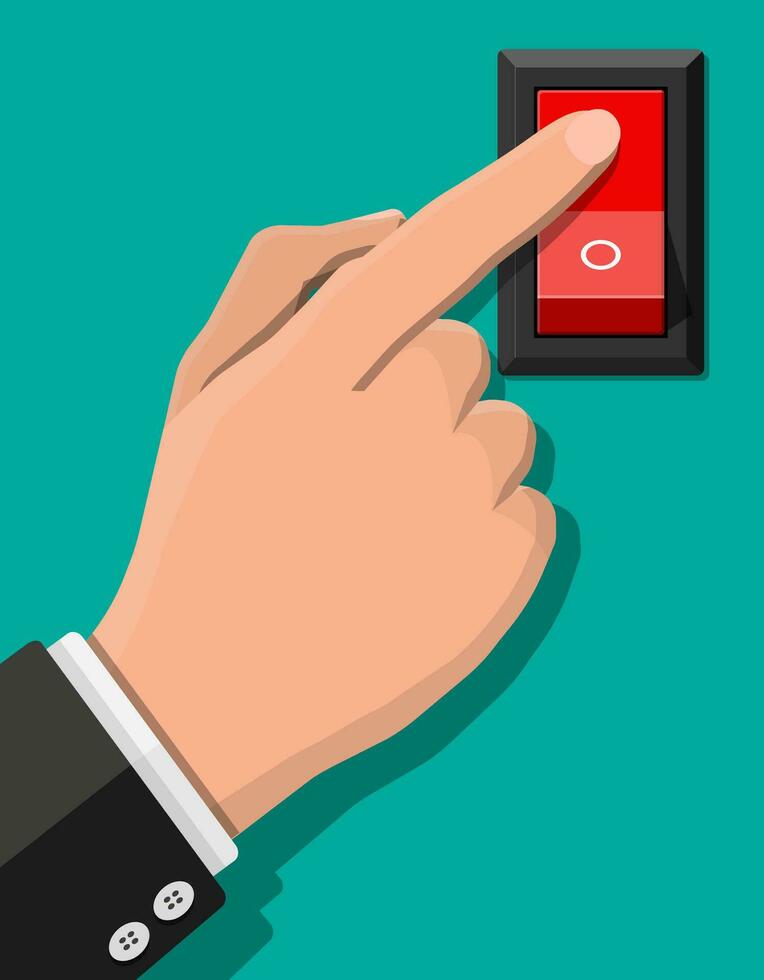 Hand push button switch. Electric control. Classic red electric switch. Square power selector. Switcher with rgb light. Off and on position. Electrical equipment. Vector illustration in flat style