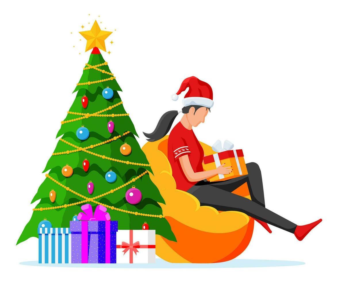 mujer sentado en frijol bolso participación regalo caja. hembra personaje con Navidad árbol y presente. contento nuevo año decoración. alegre Navidad día festivo. nuevo año, Navidad celebracion. plano vector ilustración