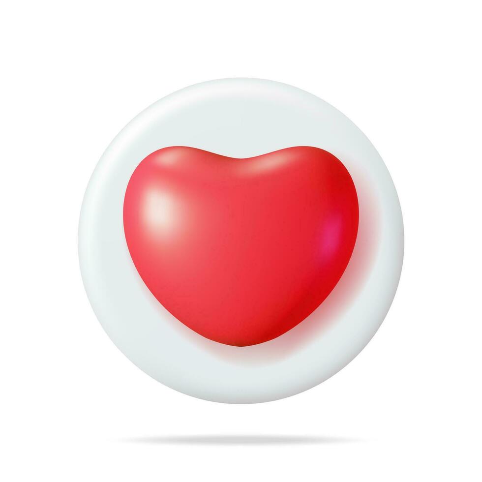 3D Like Icon with Heart Isolated. Social Media Notification Button. Love Like Symbol in White Rounded Pin. Rendering Chat Balloon Pin. Social Network Media App. Realistic Vector Illustration