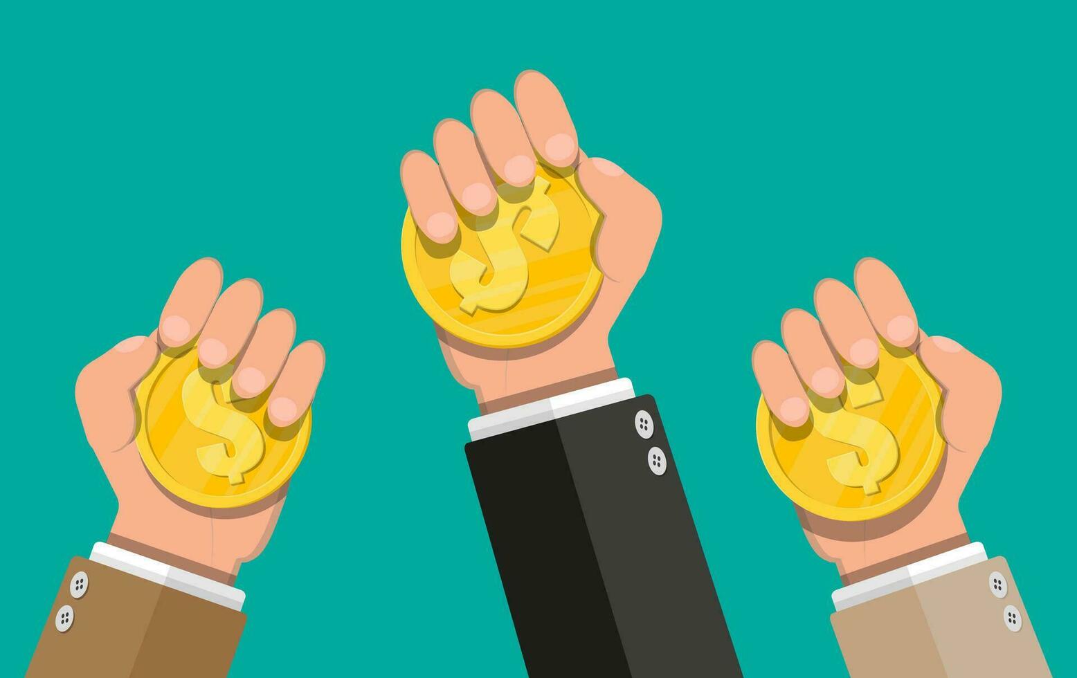 Gold coin in hand. Golden coin with dollar sign. Growth, income, savings, investment. Symbol of wealth. Business success. Flat style vector illustration.