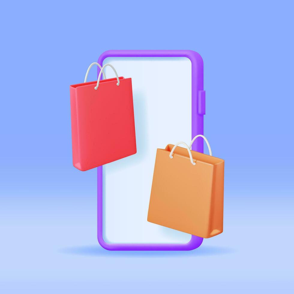 3D Smartphone with Shopping Bag Isolated. Render Realistic Gift Bag and Phone. Sale, Discount or Clearance Concept. Online or Retail Shopping Symbol. Fashion Handbag. Vector Illustration
