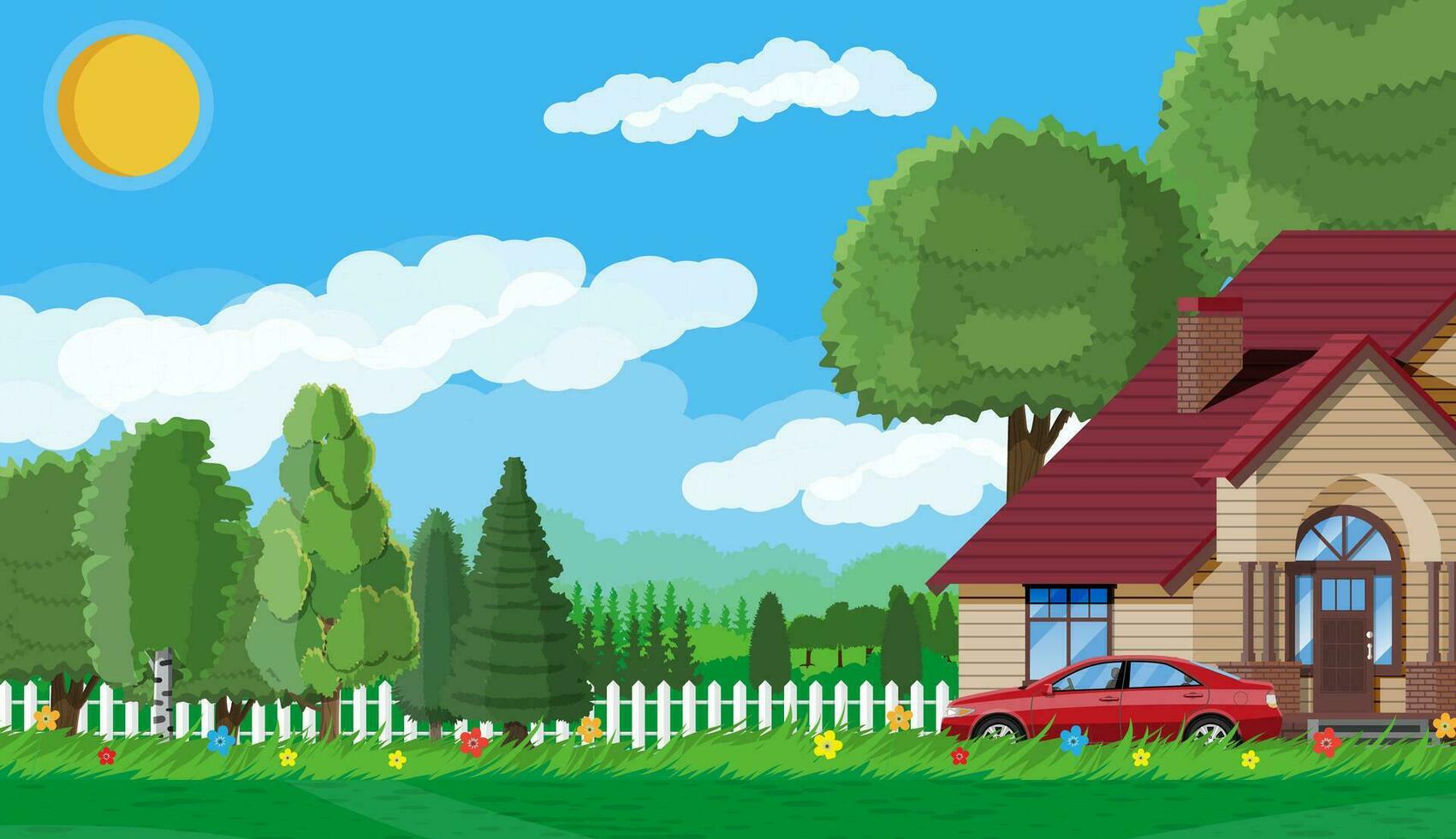 Suburban family house. Countryside wooden house icon. Car, road, fence, forest with trees and building. Nature panorama landscape. Real estate and rent. Vector illustration in flat style