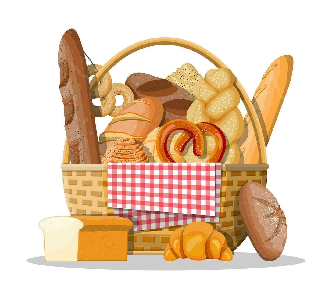 Bread icons and wicker basket. Whole grain, wheat and rye bread, toast, pretzel, ciabatta, croissant, bagel, french baguette, cinnamon bun. Vector illustration in flat style