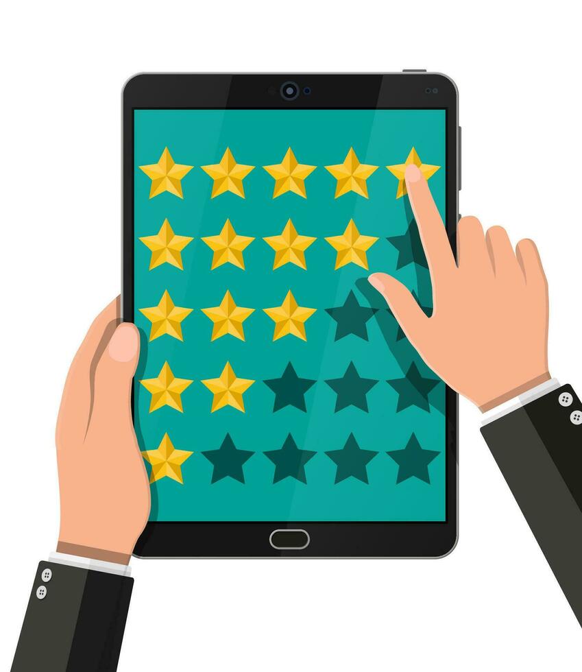 Rating app on mobile device. Reviews five stars. Testimonials, rating, feedback, survey, quality and review. Vector illustration in flat style