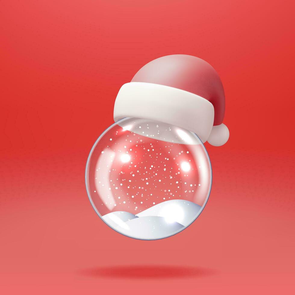 3D Glass Christmas Snow Globe with Santa Claus Hat Isolated. Render Spere with Cap Happy New Year Decoration. Merry Christmas Holiday. New Year Xmas Celebration. Realistic Vector Illustration