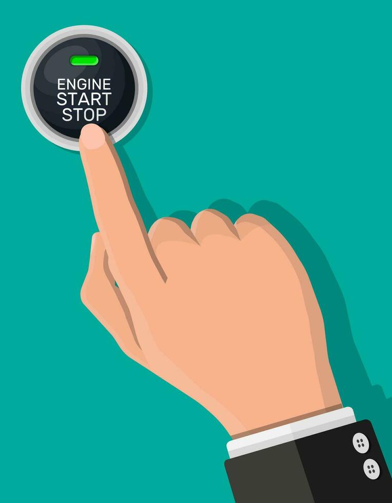 Engine start and stop button with light and hand. Car engine start. Modern starting and stopping switch for motor vehicles. Automobile dashboard element. Vector illustration in flat style