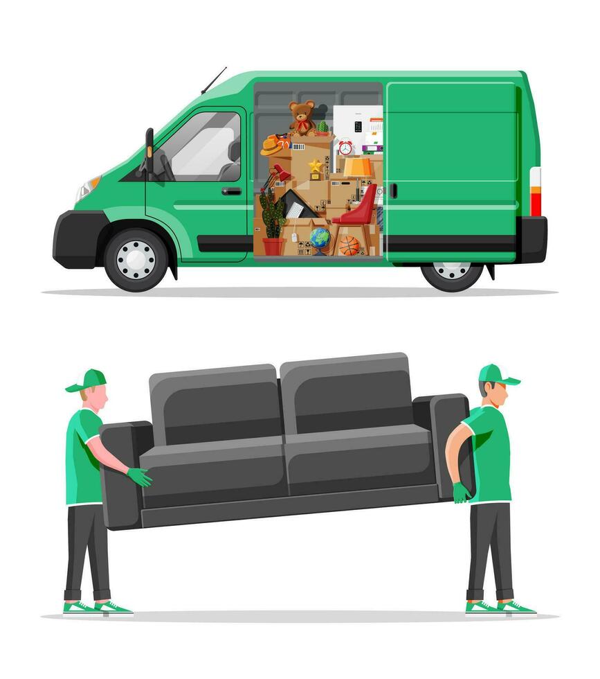 Delivery van full of home stuff inside. Moving to new house. Family relocated to new home. Boxes with goods. Package transportation. Computer, lamp, clothes, books. Flat vector illustration