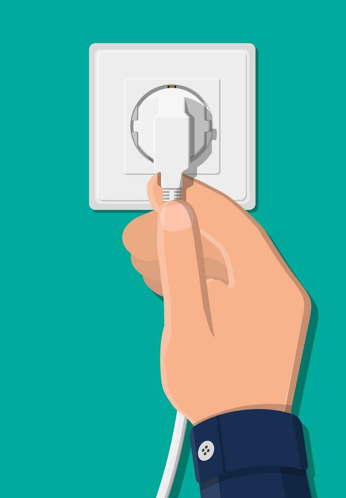 Electrical outlet and hand with plug. Electrical components. Wall socket with cable. Vector illustration in flat style