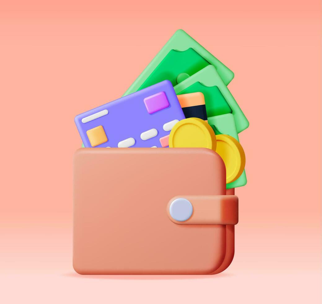 3d dinero y cuero billetera. banco tarjeta y cartera. oro monedas y dólar facturas. hacer dinero facturas. crecimiento, ingreso, ahorros, inversión. símbolo de poder. negocio éxito. vector ilustración.