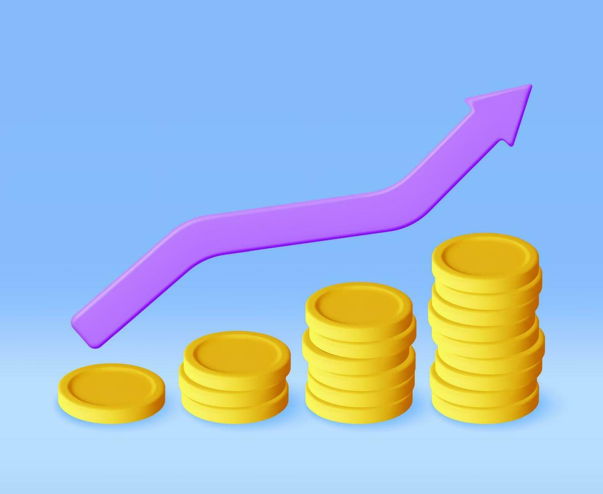 3D Growth Stock Chart Arrow with Golden Coins. Render Stock Arrow with Money Shows Growth or Success. Financial Item, Business Investment Financial Market Trade. Money and Banking. Vector Illustration