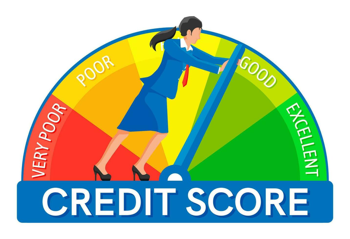 Businesswoman Changing Personal Credit Information. Woman Pushing Arrow to Make Credit History Better. Female Improves his Creditworthiness, Credit Score, Approval Solvency. Flat Vector Illustration