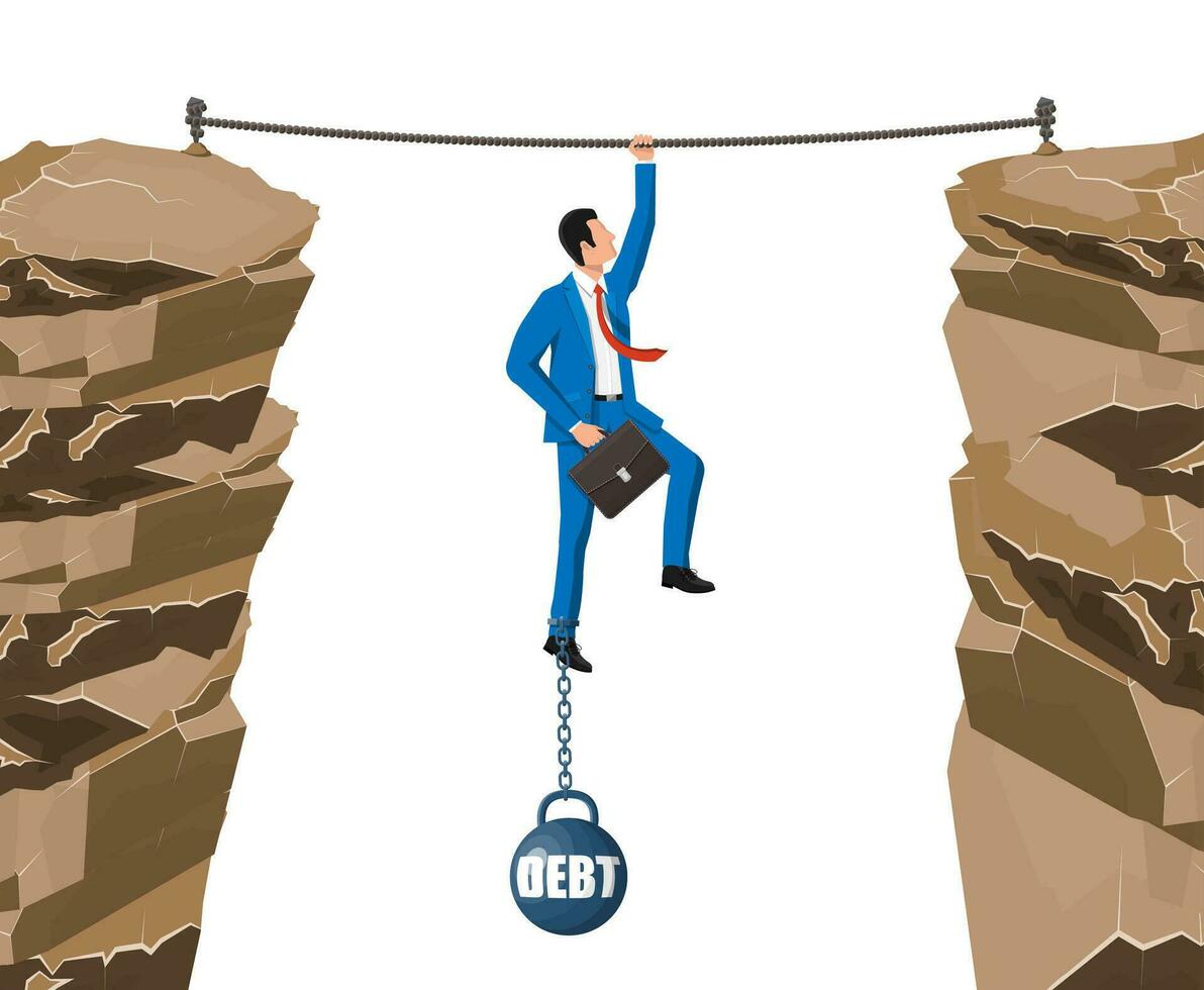 empresario en cuerda encadenado a grande pesado deuda peso con grilletes. personaje atado por cadena a grande pesa. negocio hombre corporativo esclavitud. impuesto, deuda cuota crisis bancarrota. plano vector ilustración