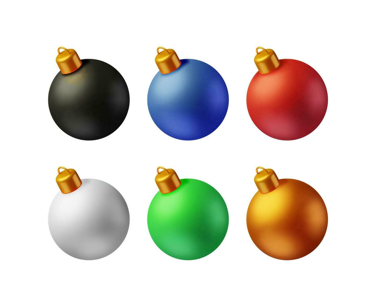 3D Set of Christmas Balls with Golden Clamp Isolated. Render Glass Christmas Tree Toy. Happy New Year Decoration. Merry Christmas Holiday. New Year and Xmas Celebration. Realistic Vector Illustration