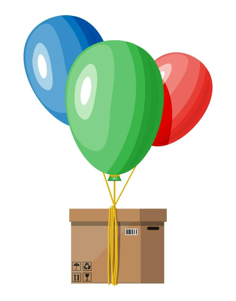 Air balloons and cardboard box package. Delivery services and e-commerce. Online internet store and contactless delivery. Flat vector illustration