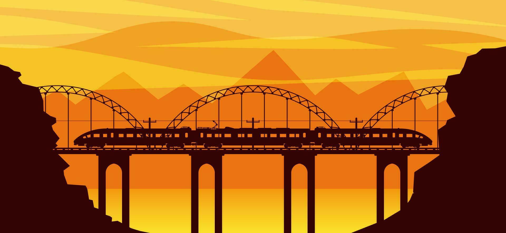 Train and Landscape with Mountain in Silhouette. Super Streamlined Train Passenger Express Railway Locomotive. Monorail Railroad Public Transportation. Rapid Transport Subway. Flat Vector Illustration
