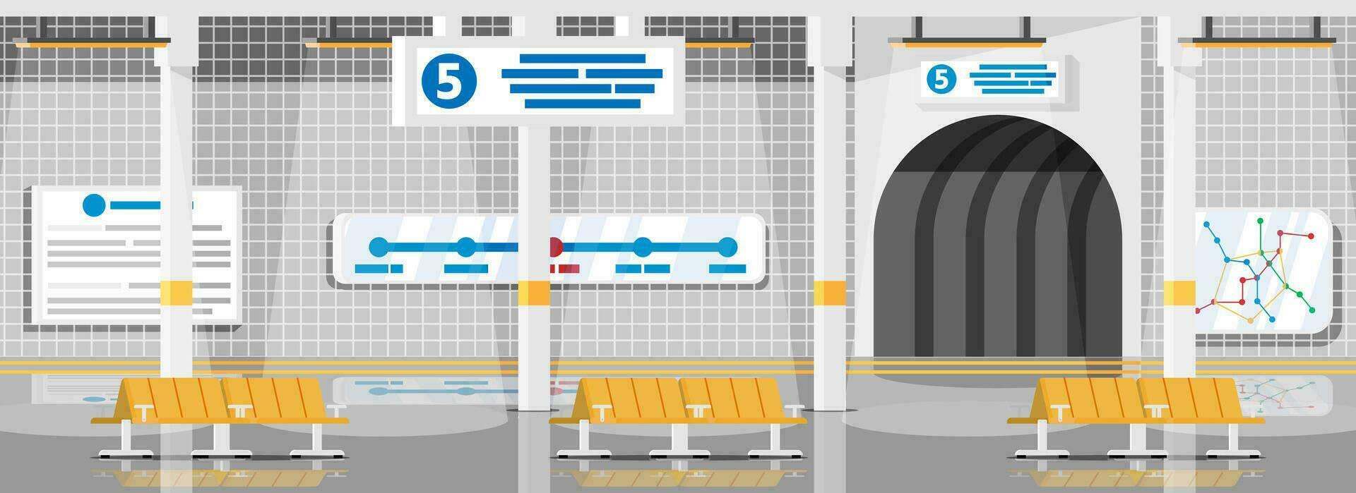 Empty Subway Station Interior. Train and Underground Platform. Railway Metro Station. Passenger Express Railway. Railroad Public Transportation. Rapid Transport. Flat Vector Illustration