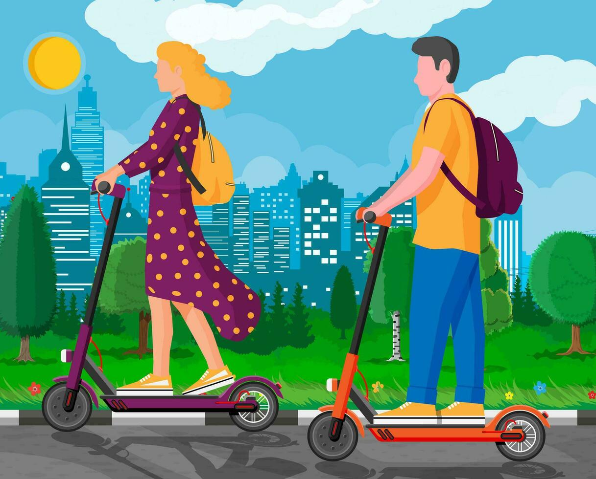 joven mujer y hombre en patada scooter. niña y chico con mochila laminación en eléctrico scooter. hipster personaje usos moderno urbano transporte. ecológico ciudad transporte. plano vector ilustración