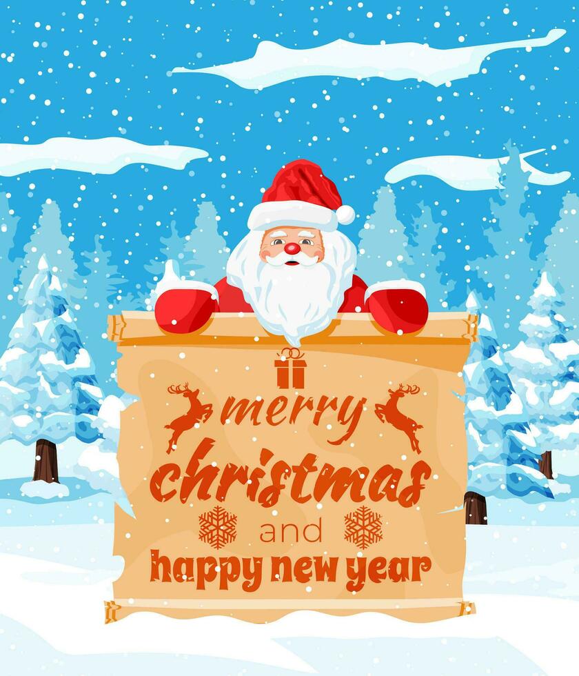 Old Christmas Parchment Scroll with Santa Claus on Winter Landscape. Happy New Year Decoration. Merry Christmas Holiday. New Year and Xmas Celebration. Vector Illustration Flat Style