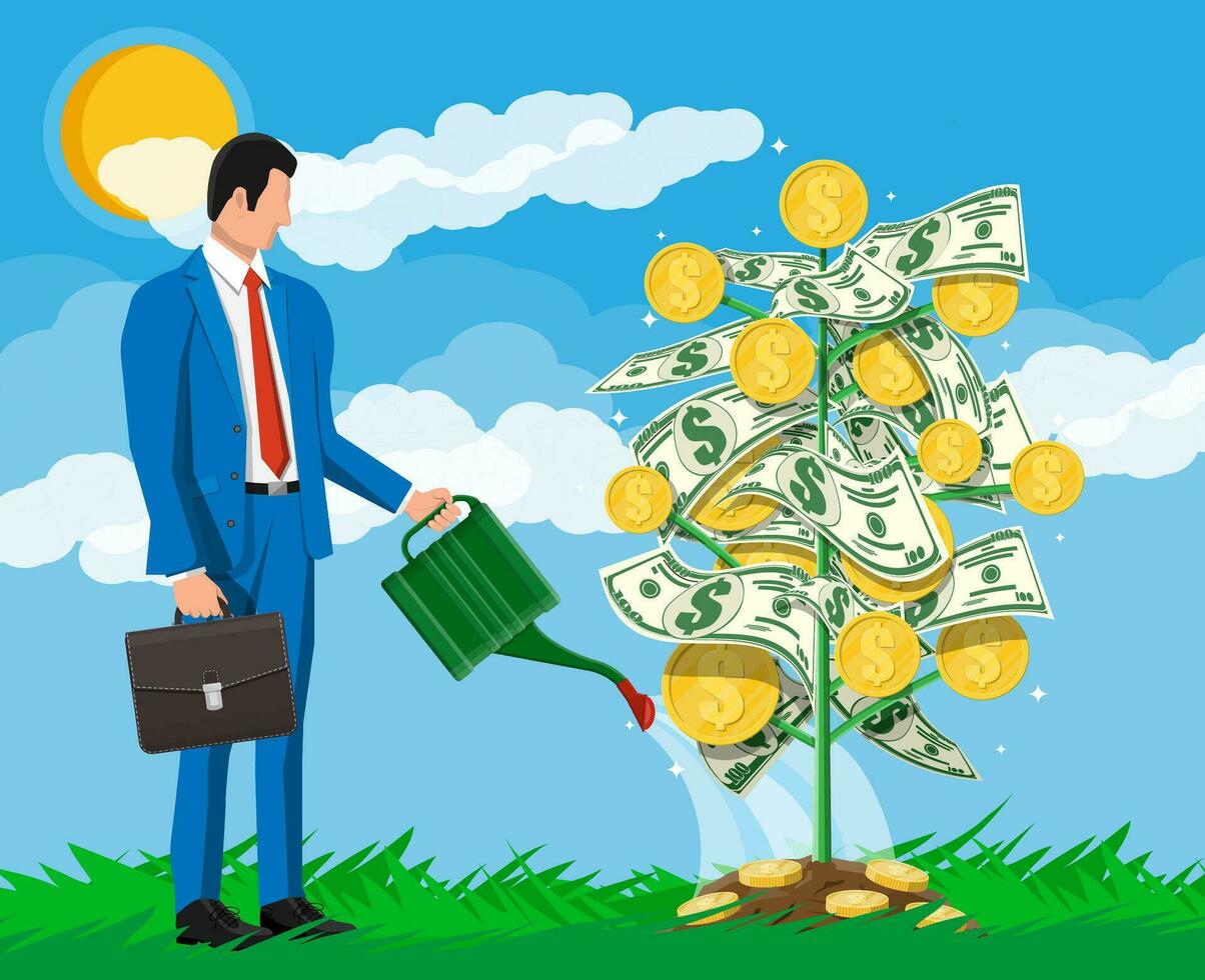 Businessman watering money coin tree with can. Growing money tree. Investment, investing. Gold coins and dollar banknotes on branches. Symbol of wealth. Business success. Flat vector illustration.