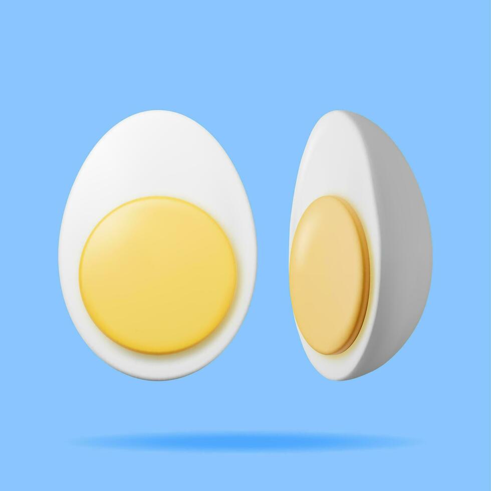 3D Boiled Eggs Cut into Half Isolated. Render Cartoon Egg Icon. Dairy Food and Grocery. Easter Mockup Concept. Realistic Vector illustration.
