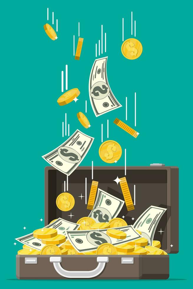 Open leather suitcase full of money. Stacks of dollar banknotes and golden coins in case. Symbol of wealth. Business success. Flat style vector illustration.