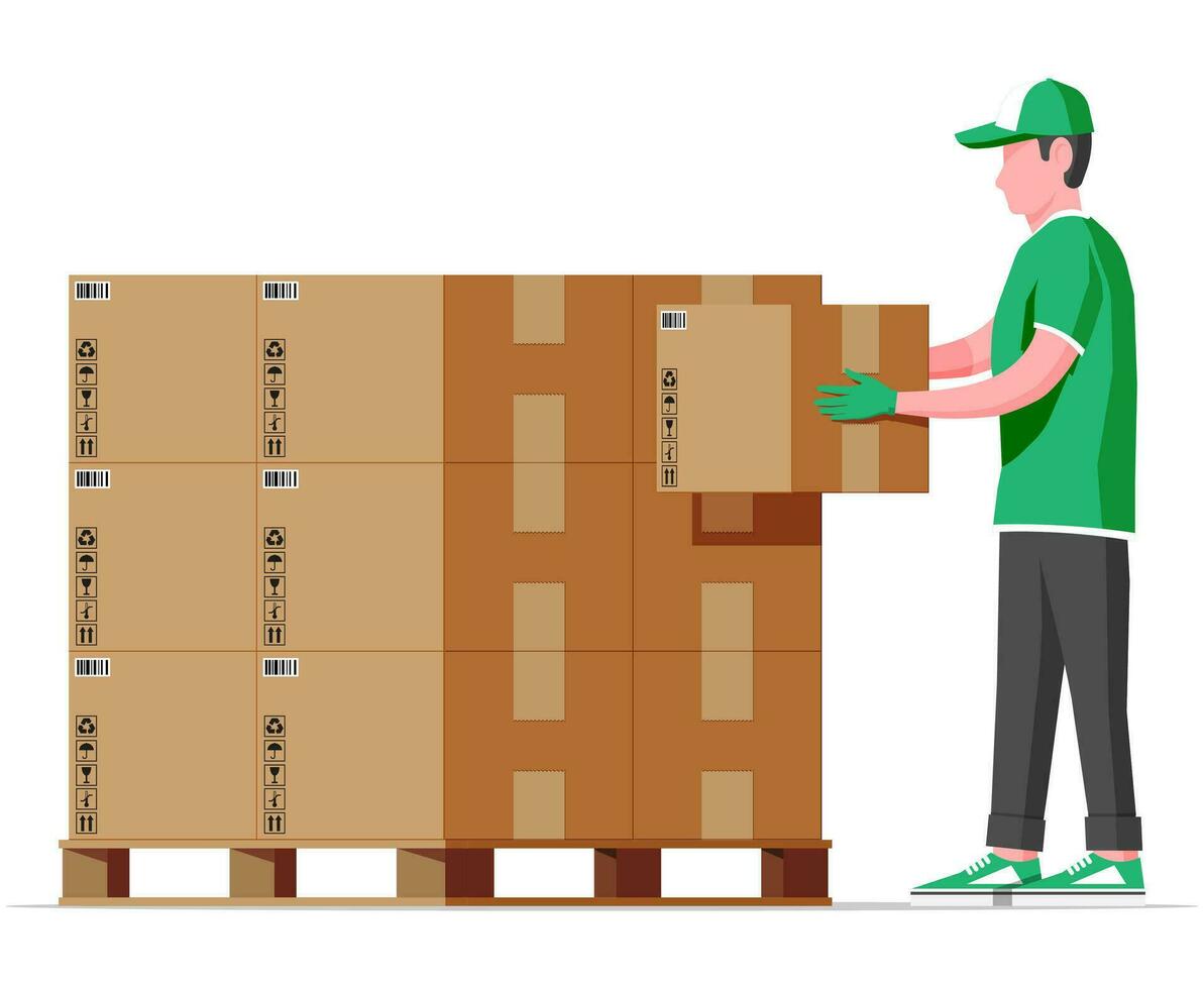 Cardboard boxes pile on wooden pallet and mover isolated on white. Carton delivery packaging closed, sealed, cubic, big and small box with fragile signs. Vector illustration in flat style