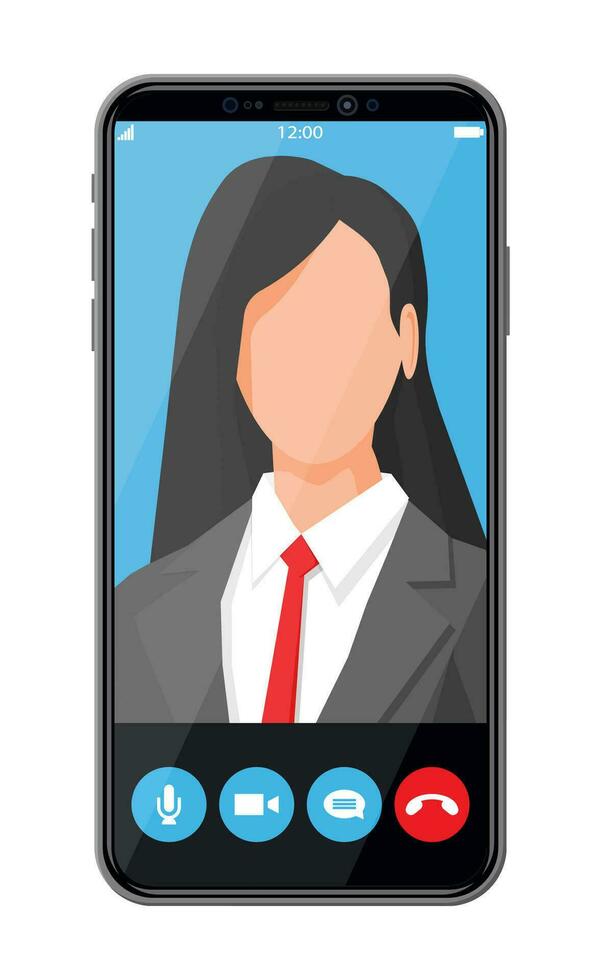 Incoming video call on smartphone. Video chat with female character. Photo of woman, decline and accept buttons on screen. Online meeting, videocall, webinar or training. Flat vector illustration