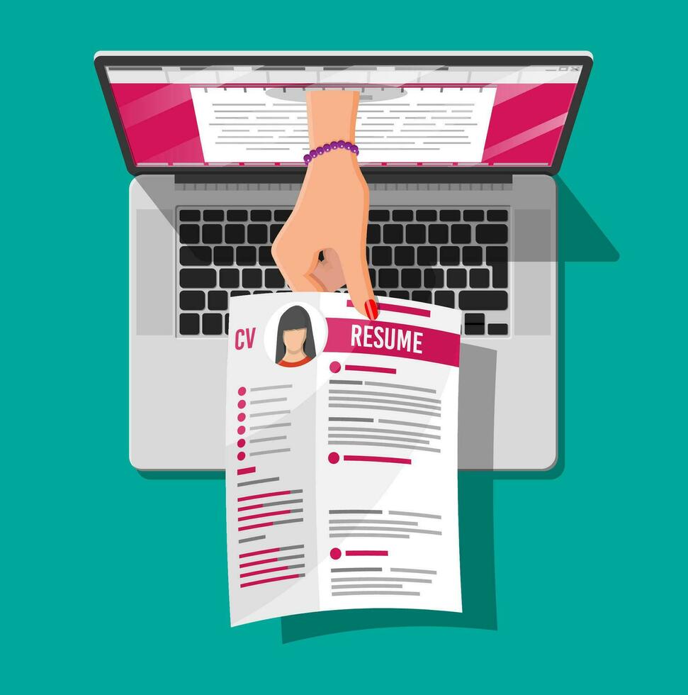 Job resume document out from laptop. Hand holding cv resume papers. Human resources management concept, searching professional staff, work. Found right resume. Vector illustration in flat style