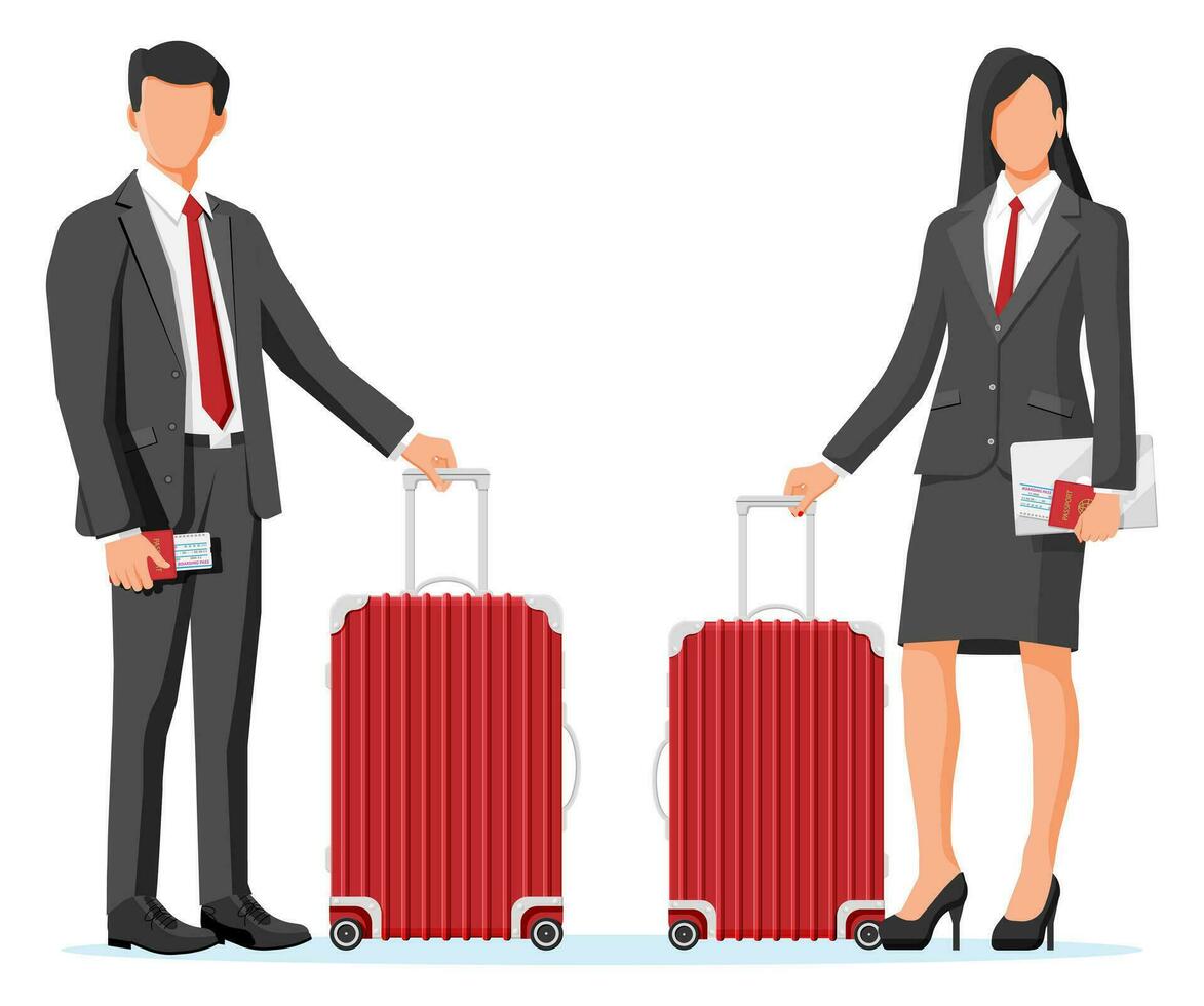 Woman with Travel Bag. Tourist with Suitcase, Passport, Ticket, Boarding Pass in Airport. Businessman with Luggage. Business Woman and Man with Baggage. Business Flight. Flat Vector Illustration