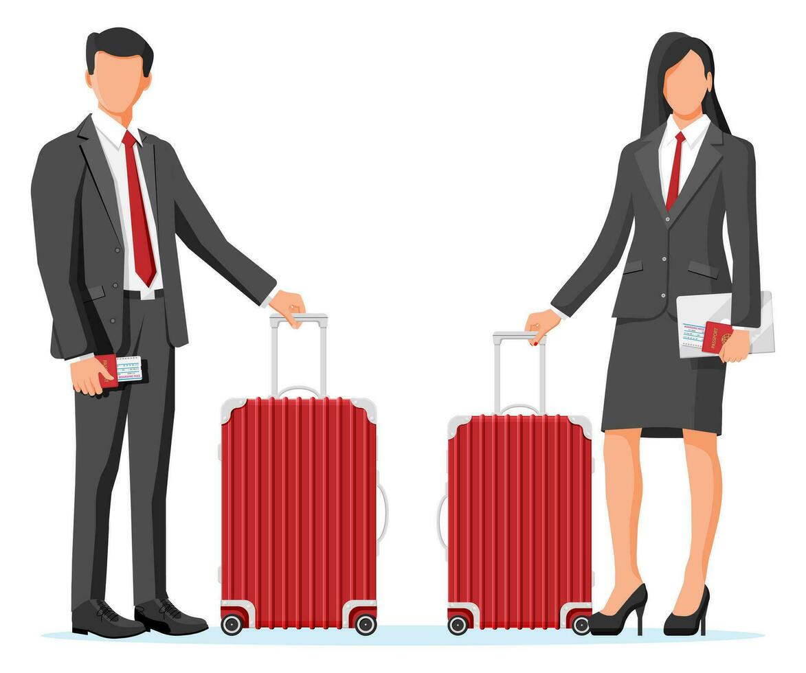 mujer con viaje bolsa. turista con maleta, pasaporte, boleto, embarque pasar en aeropuerto. empresario con equipaje. negocio mujer y hombre con equipaje. negocio vuelo. plano vector ilustración