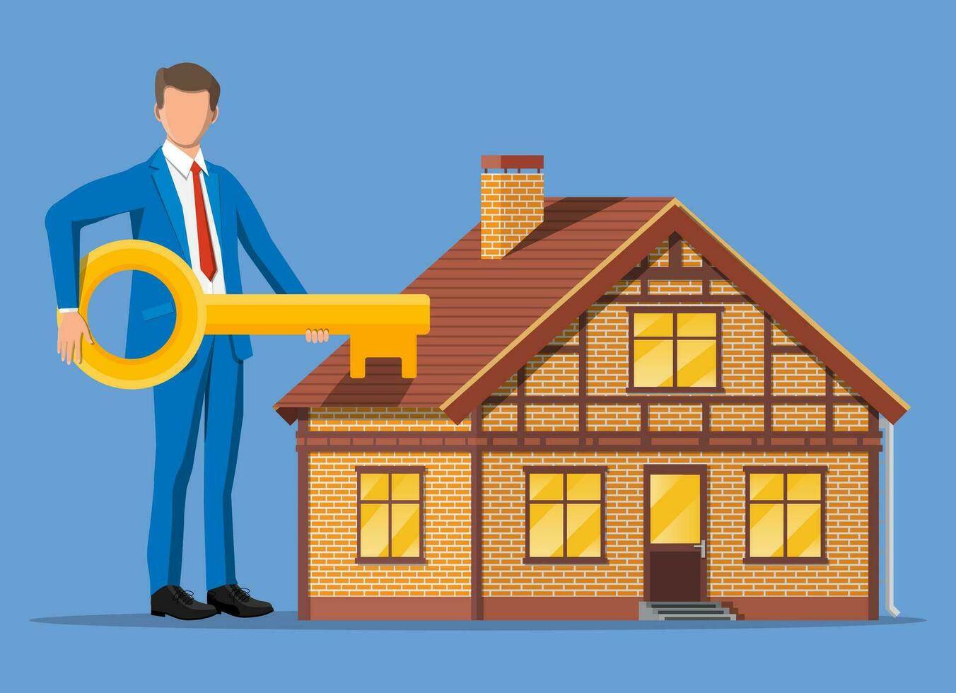 Businessman holding big key near house building. Real estate agent or realtor in suit. Countryside wooden house. Mortgage, property and investment. Buy sell or rent realty. Flat vector illustration