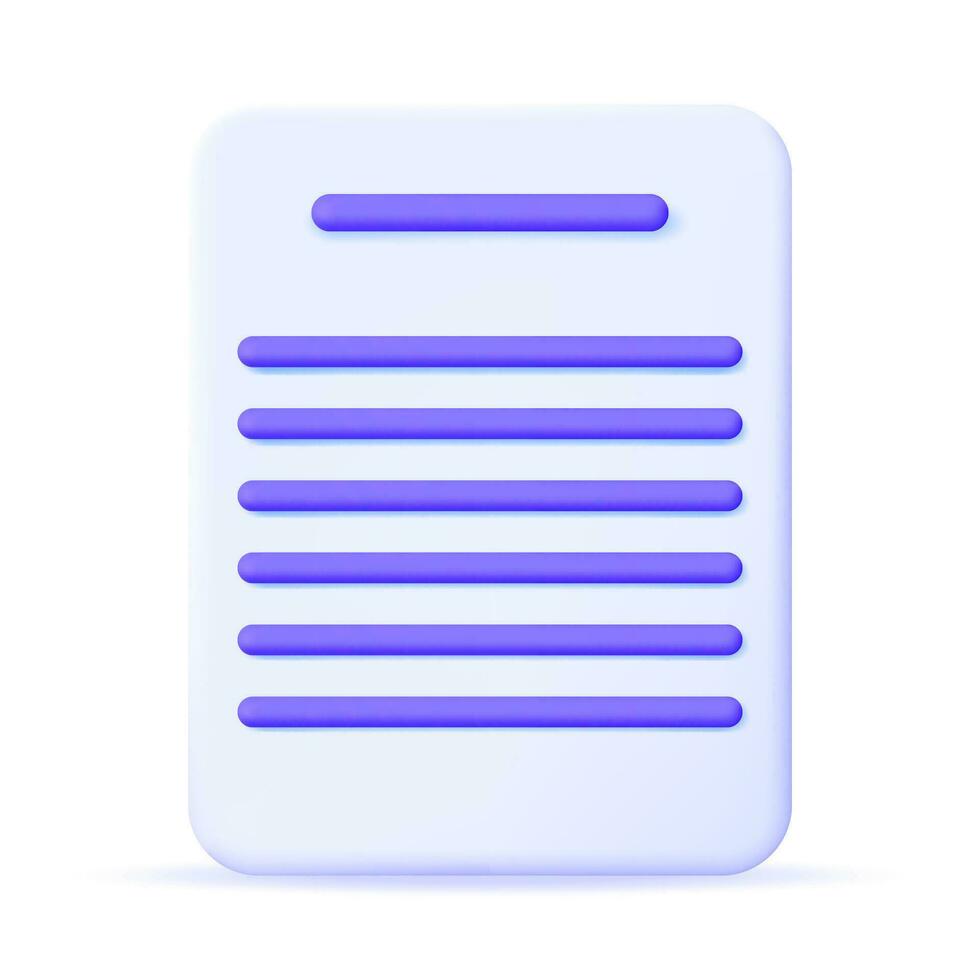 3D White Paper with Text Line Isolated. Render White Sheet with Purple Text. Document Mockup Template Icon. Realistic Vector Illustration