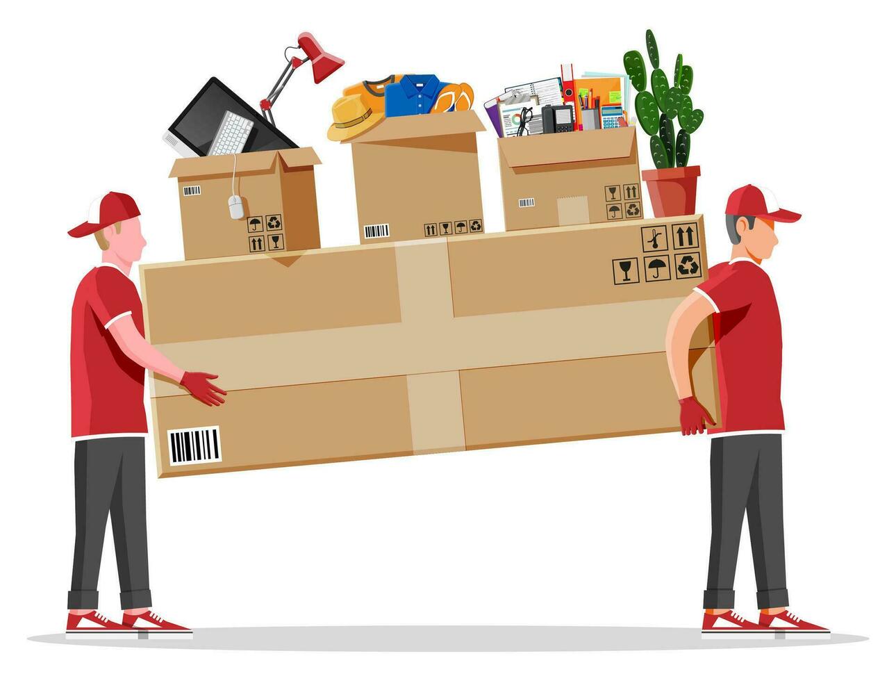 Two workers mover man holding and carrying cardboard box. Courier character holds parcel in hands. Carton delivery packaging box with fragile signs. Free and fast shipping. Flat vector illustration