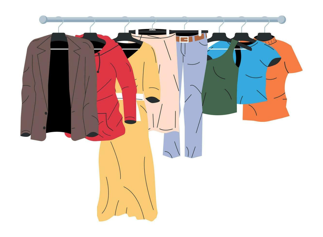 Mens and Womans Clothes on Hanger. Home or Shop Wardrobe. Clothes and Accessories. Various Hanging Clothing. Jacket, Shirt, Jeans, Pants. Cartoon Flat Vector Illustration