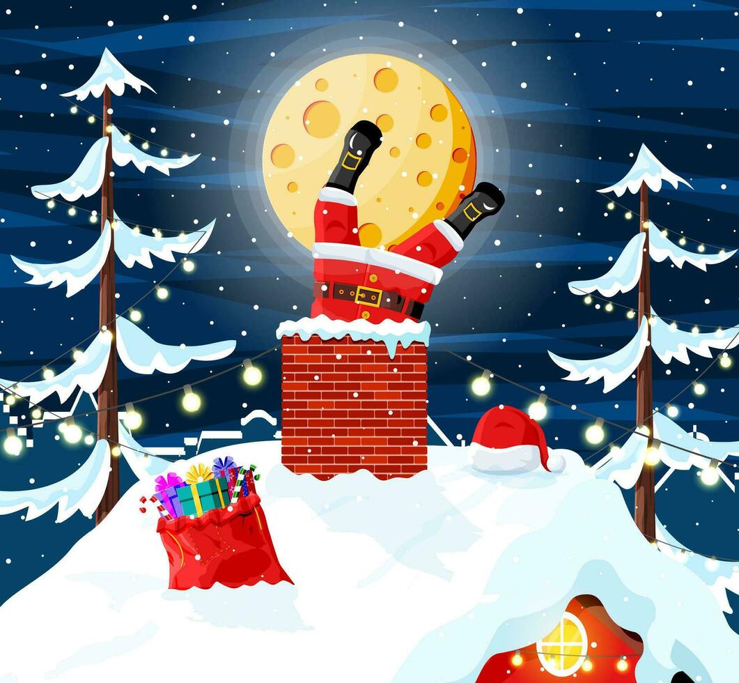 Santa claus with bag with gifts at house roof. Santa claus stuck in chimney. Happy new year decoration. Merry christmas eve holiday. New year and xmas celebration. Vector illustration in flat style