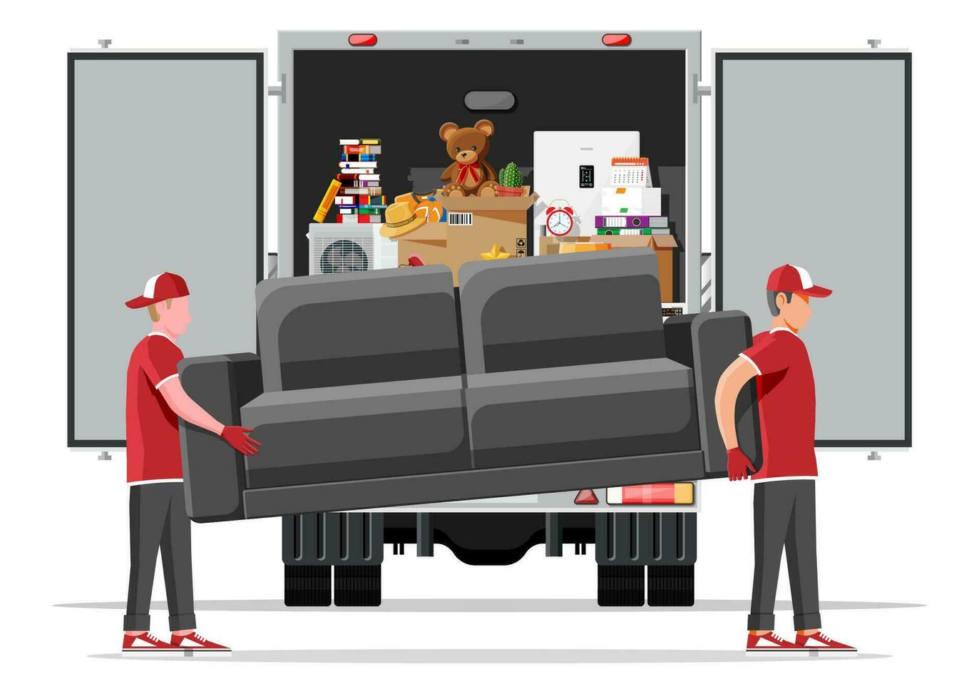 Delivery truck full of home stuff inside. Moving to new house. Family relocated to new home. Boxes with goods. Package transportation. Computer, lamp, clothes, books. Flat vector illustration