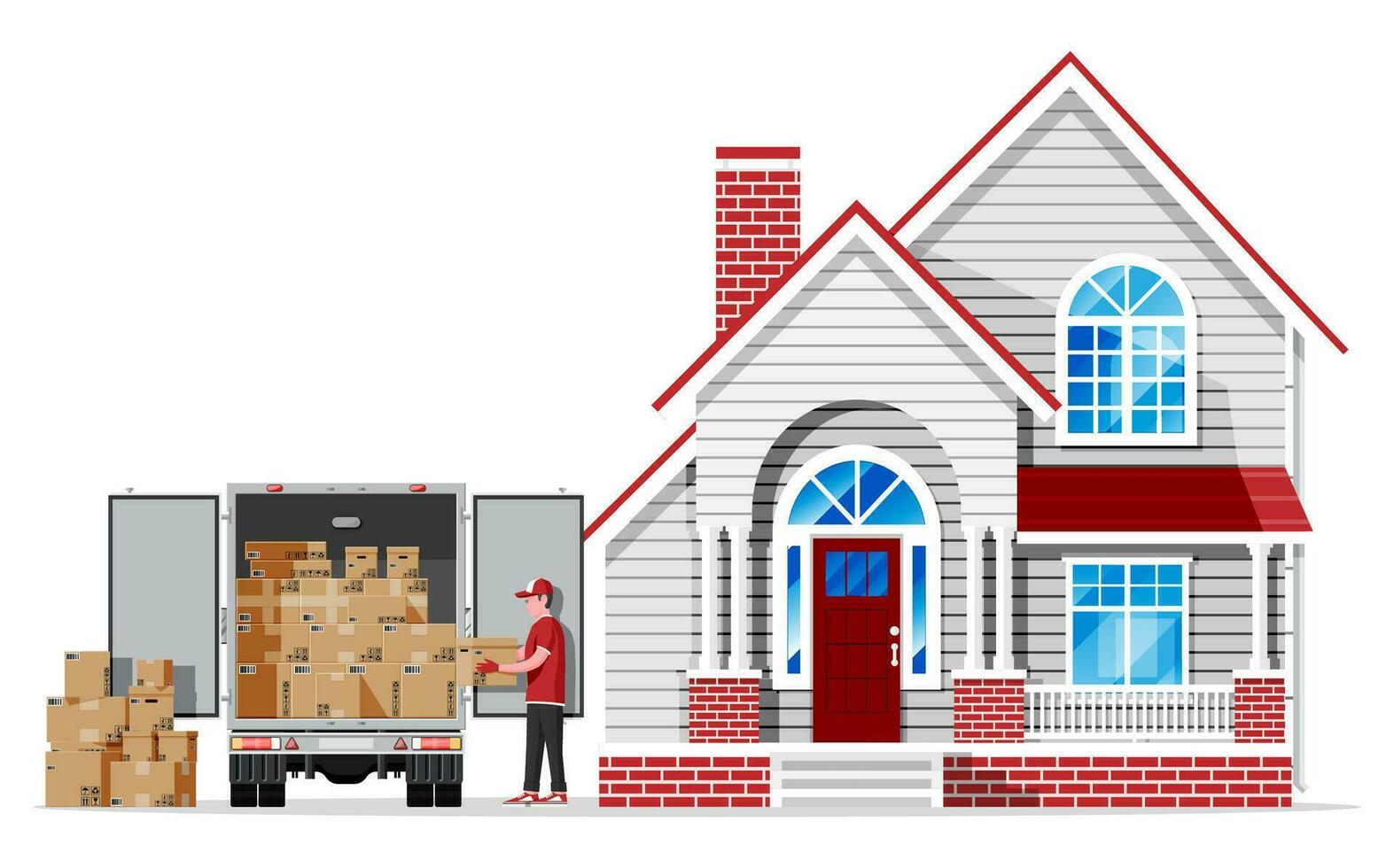 Delivery truck full of cardboard boxes and wooden house isolated on white. Relocation delivery service in city. Parcel paper cardboard box with goods. Cargo and logistic. Flat vector illustration