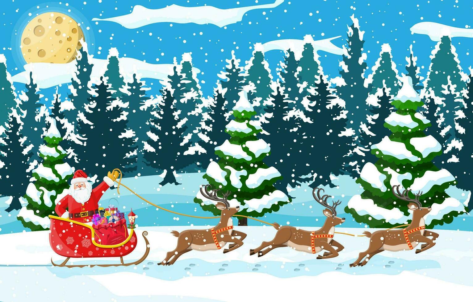 Christmas background. Santa claus rides reindeer sleigh. Winter landscape with fir trees forest and snowing. Happy new year celebration. New year xmas holiday. Vector illustration flat style