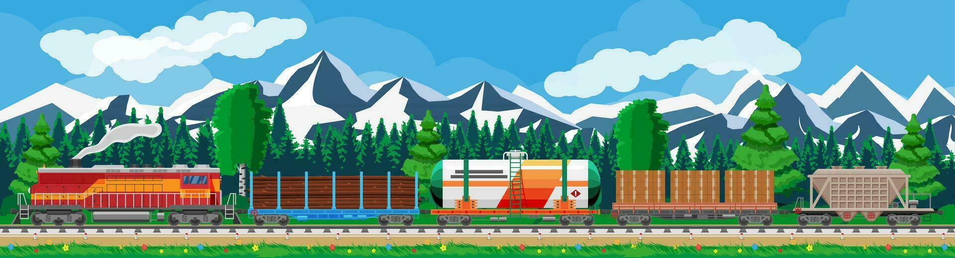 Train with cargo wagons, cisterns, tanks and cars. Railroad freight collection. Nature landscape with trees, hills, forest and clouds. Cargo rail transportation. Flat vector illustration