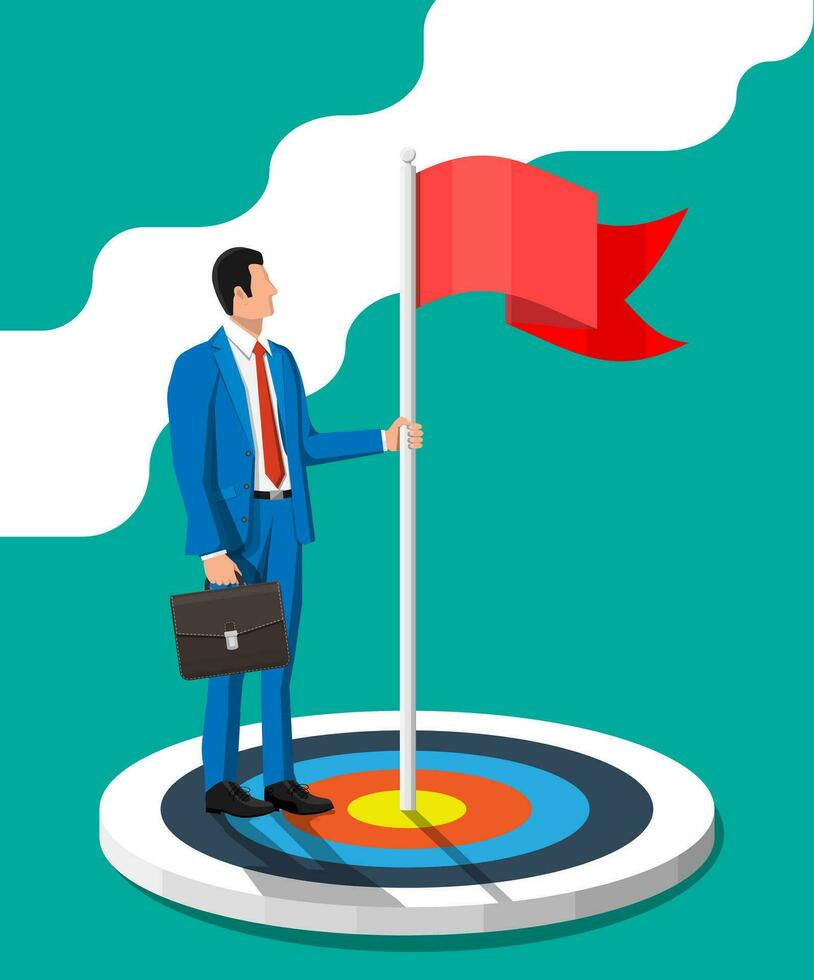 Businessman in suit with briefcase standing with red flag on target. Symbol of victory, successful mission, goal and achievement. Business success. Flat vector illustration