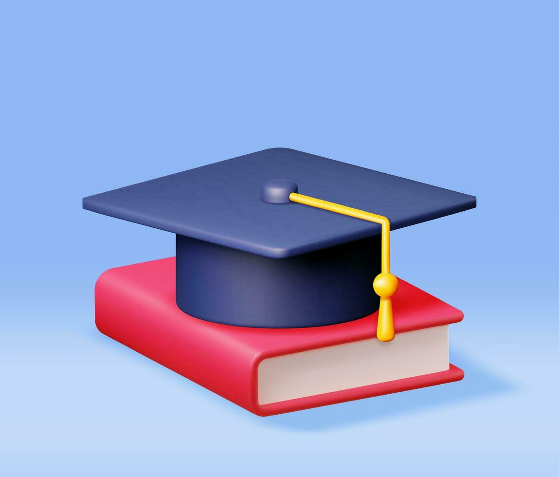 3D Graduation Cap and Book Isolated. Render Graduation Hat and Textbook. Education Symbol. Mortarboard Hat with Tassel. Education, Degree Ceremony Concept. Vector Illustration