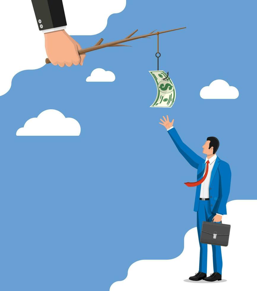 Businessman trying to get dollar on fishing hook. Money trap concept. Hidden wages, salaries black payments, tax evasion, bribe. Anti corruption. Vector illustration in flat style