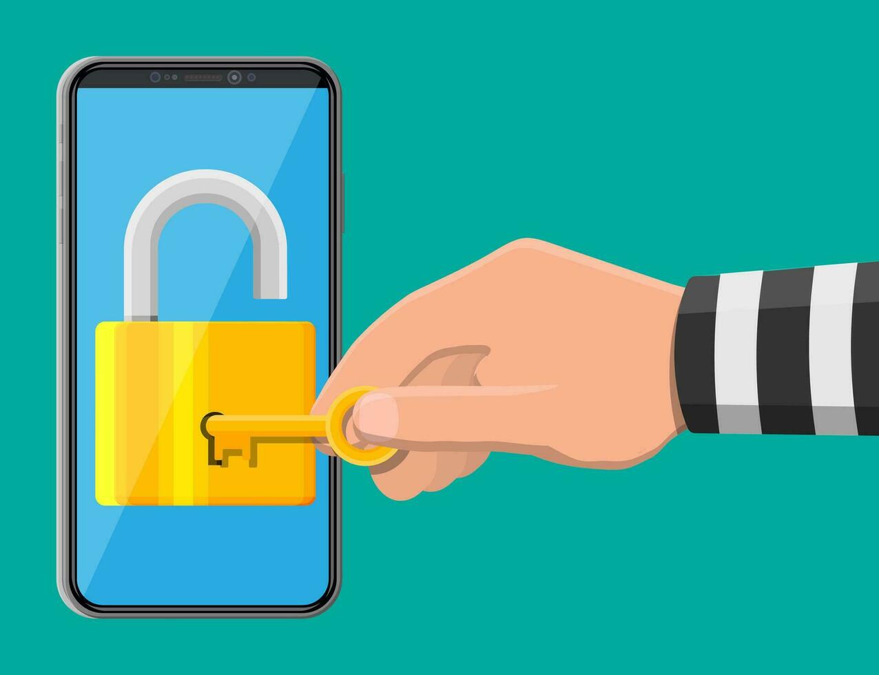 Thief or hacker hand use key to open smartphone. Hack, cyber security network concept. Phone with padlock on screen. Mobile safety, protection, internet security. Vector Illustration in flat style