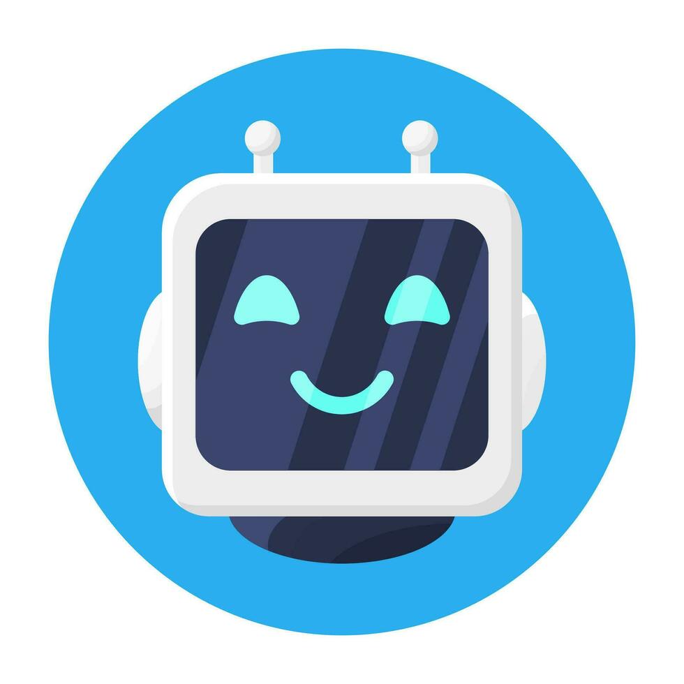 Happy Smiling Robot Head Icon Isolated. Chat Bot in Circle. Chatbot Robot Greets. Artificial Intelligence, AI Helper. Service and Support Assistant. Cartoon Flat Vector Illustration