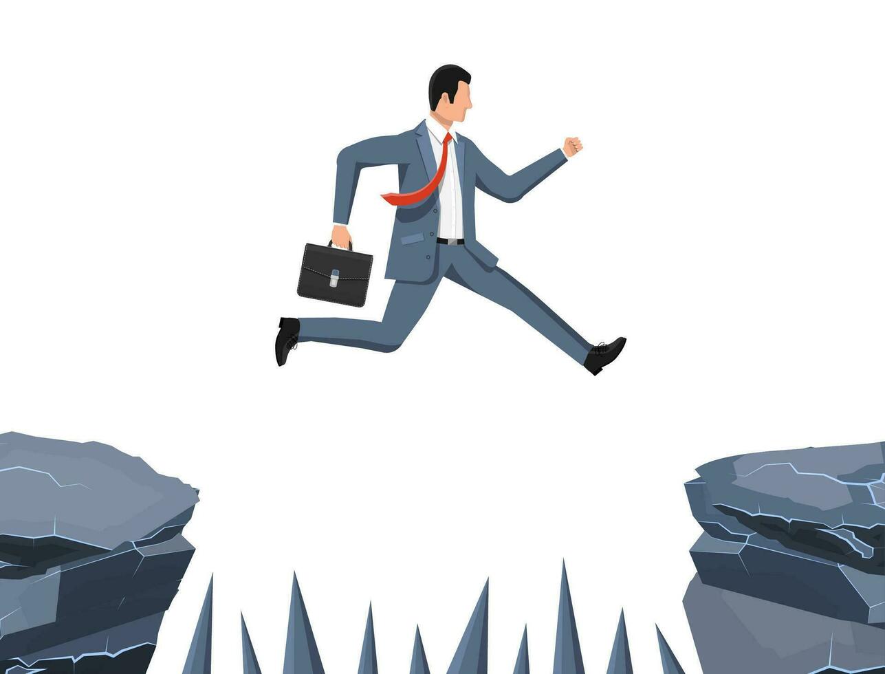Businessman jumps to goal through abyss with thorns. Business man in suit with briefcase jump between gap. Obstacle on road, financial crisis. Risk management challenge. Flat vector illustration